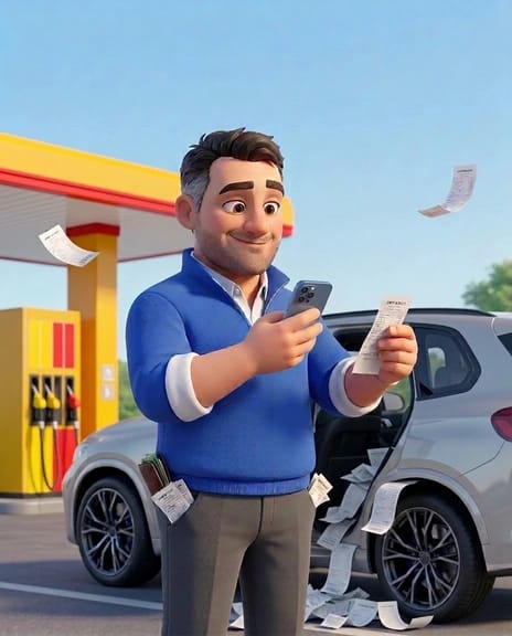 Milan pri benzínke fotí bloček mobilom, vedľa auta sa váľa papier z tankovania.