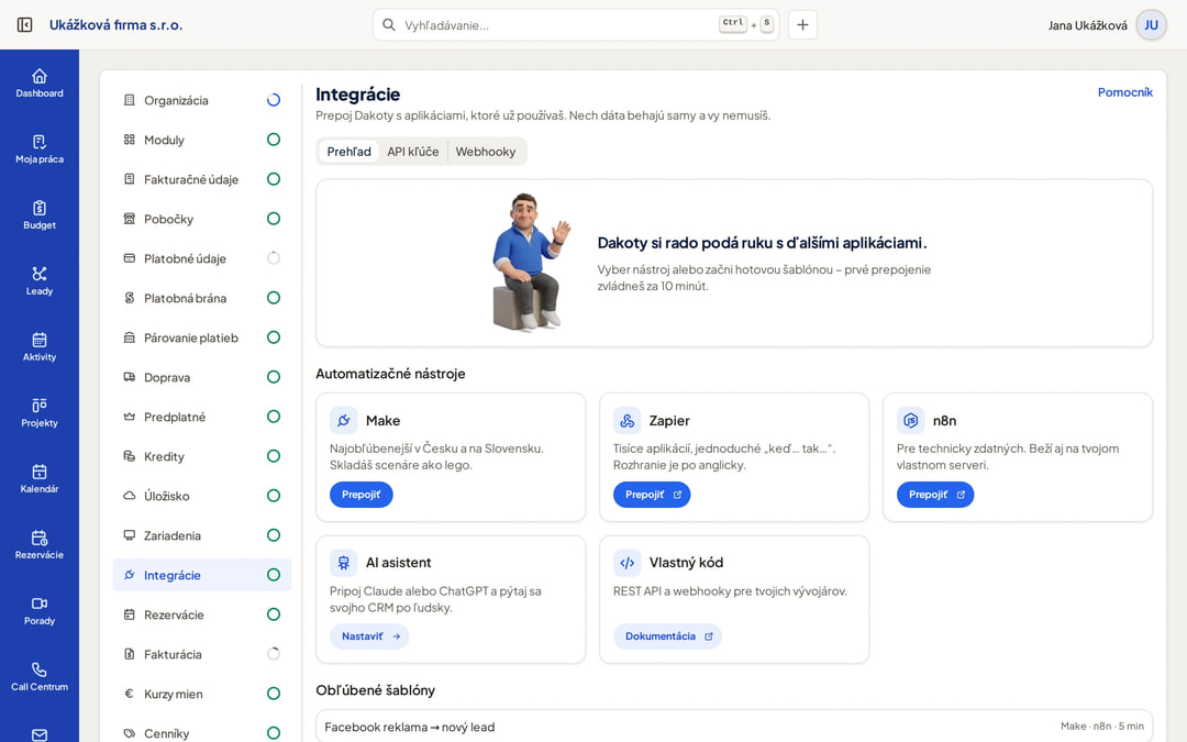 Dakoty CRM: nastavenia Integrácie s dlaždicami Make, Zapier, n8n a vlastný kód