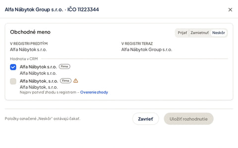 Dakoty CRM: panel zmeny v registri s tlačidlami Prijať, Zamietnuť a Neskôr